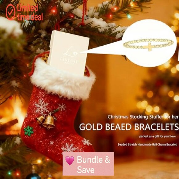 14K Gold Plated Beaded Stretch Bracelet with Cross Charm Stackable - Picture 7 of 8